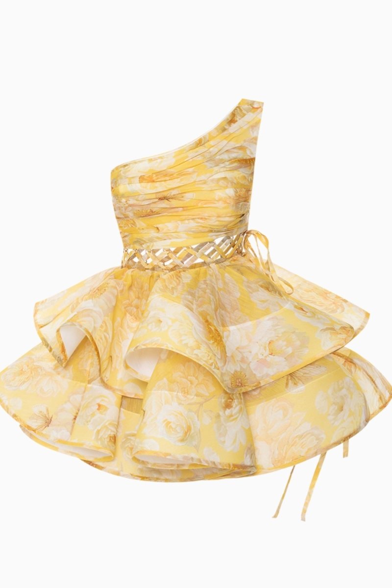 Andrea Blumenbedrucktes One-Shoulder-Minikleid aus Chiffon