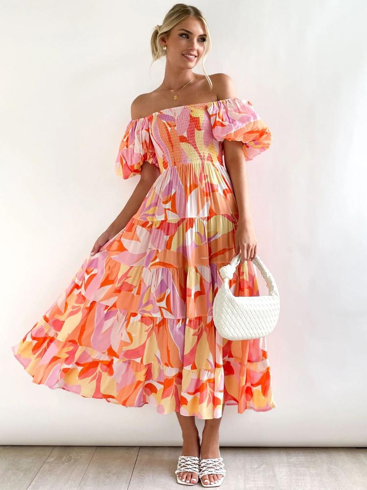 Robe longue à volants et épaules dénudées imprimée Andrea avec manches bouffantes