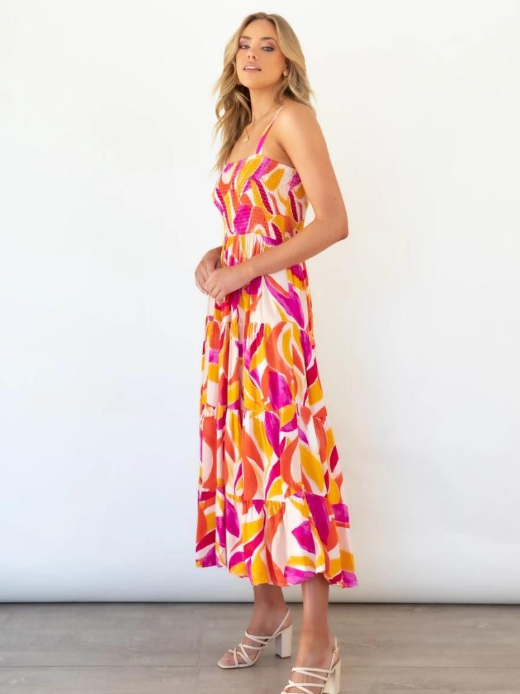 Robe d'été longue à volants imprimée Andrea avec corsage froncé
