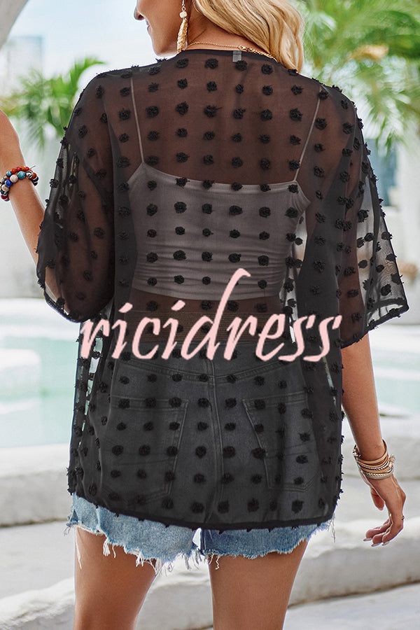 cache-cœur transparent avec manches à pompons patchwork