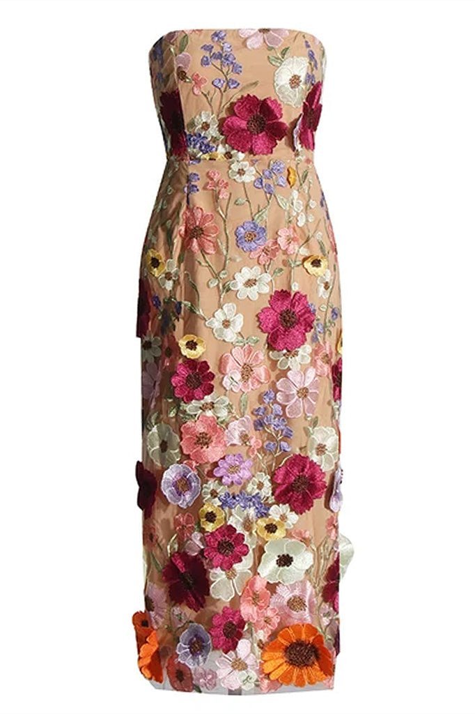 Trägerloses Midikleid „Belle“ mit Blumenstickerei