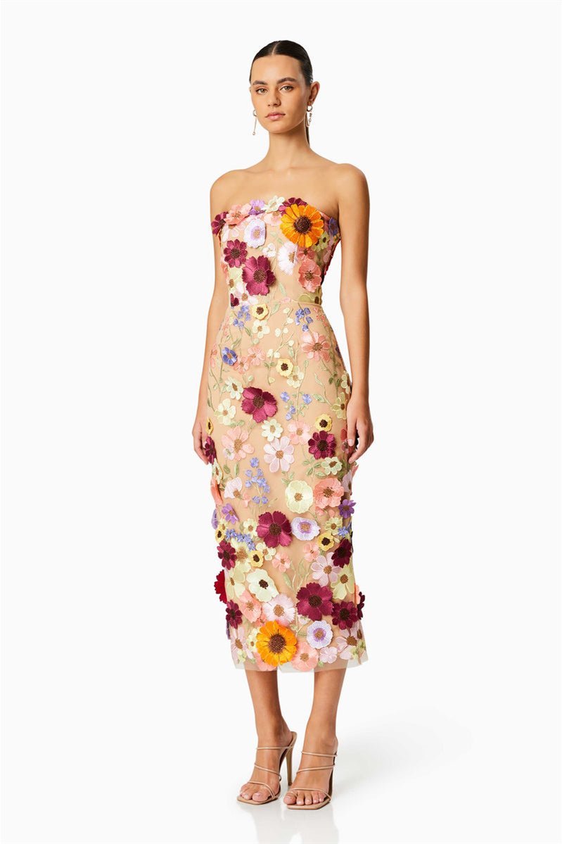 Trägerloses Midikleid „Belle“ mit Blumenstickerei