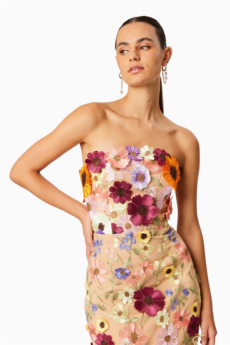 Trägerloses Midikleid „Belle“ mit Blumenstickerei