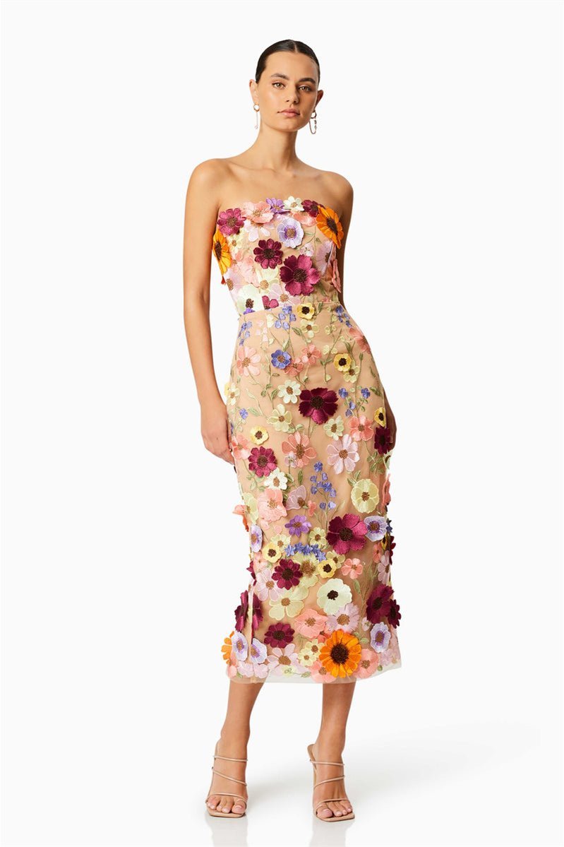 Trägerloses Midikleid „Belle“ mit Blumenstickerei