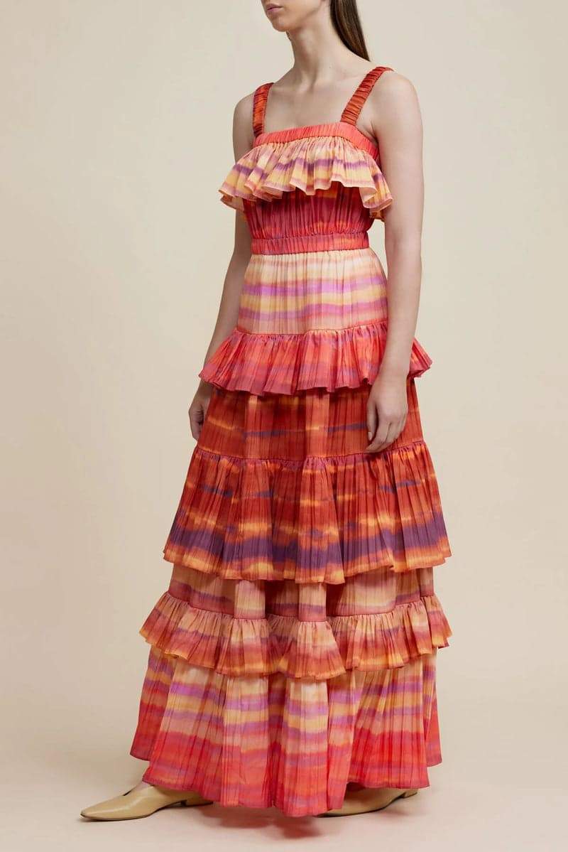 Bertina – Bedrucktes, gestuftes Maxikleid