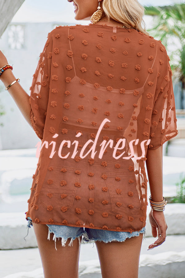 cache-cœur transparent avec manches à pompons patchwork