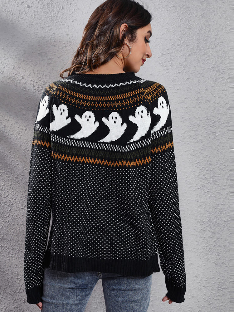 Pull col rond tricoté avec motif fantôme rétro littéraire 