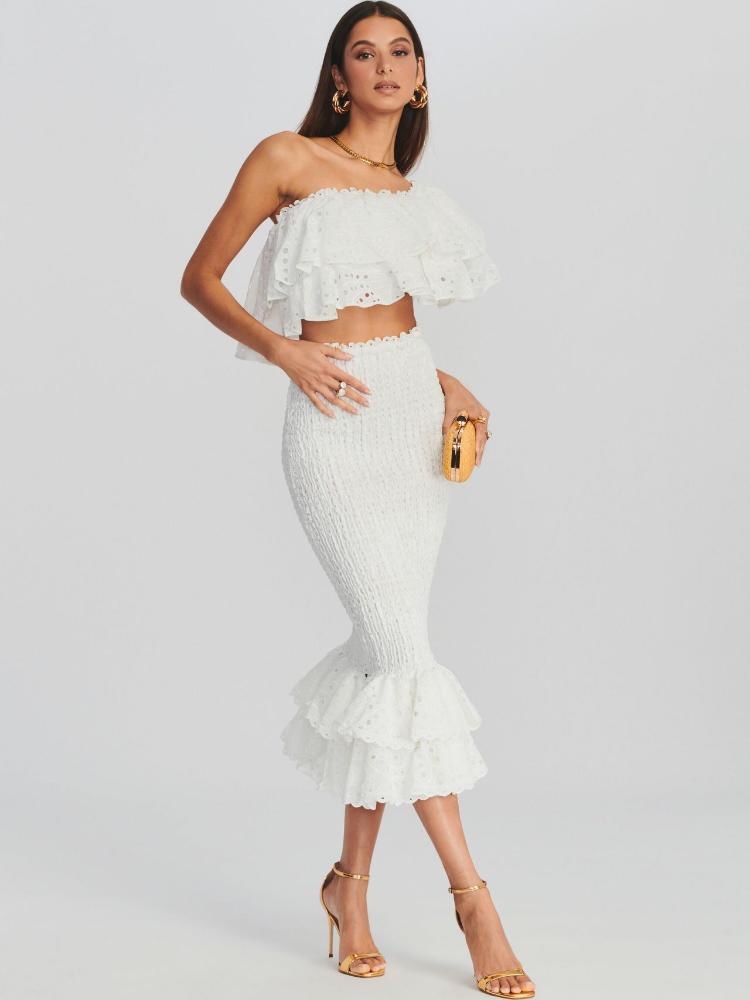 Dolly bestickte Spitzenstufe Ruffle Maxi Kleiderset