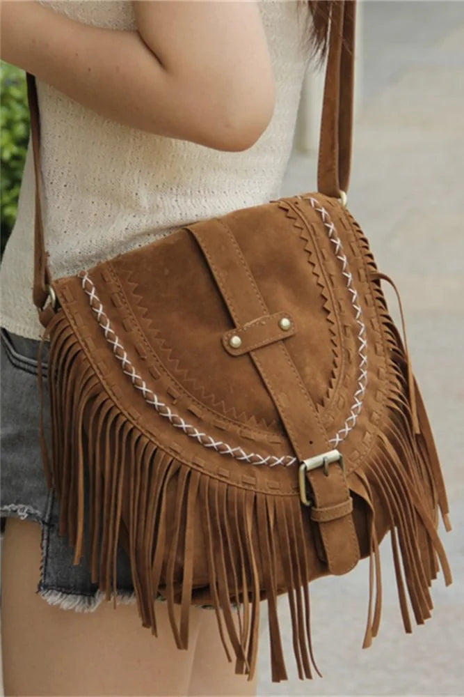Sac bandoulière marron style cowboy western à franges