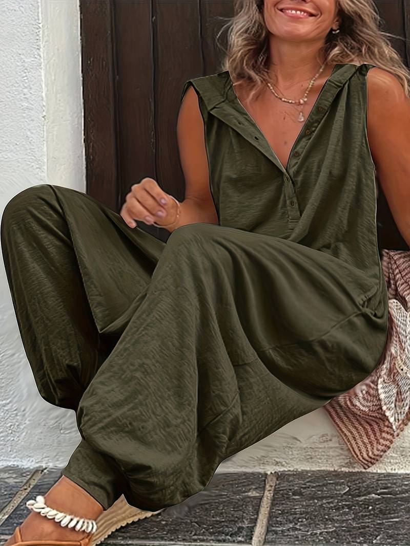 Silva - Damen Plus Solider Halbknopf-Kapuzenärmelloses Tank-Jumpsuit