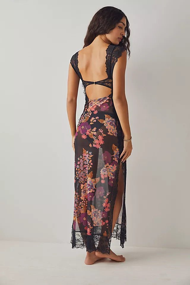 Elma Maxi-Unterkleid aus Netzstoff mit Blumenmuster und Cut-outs