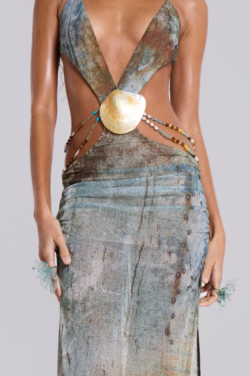 Eve Neckholder-Maxikleid aus Netzstoff mit Muschelbesatz