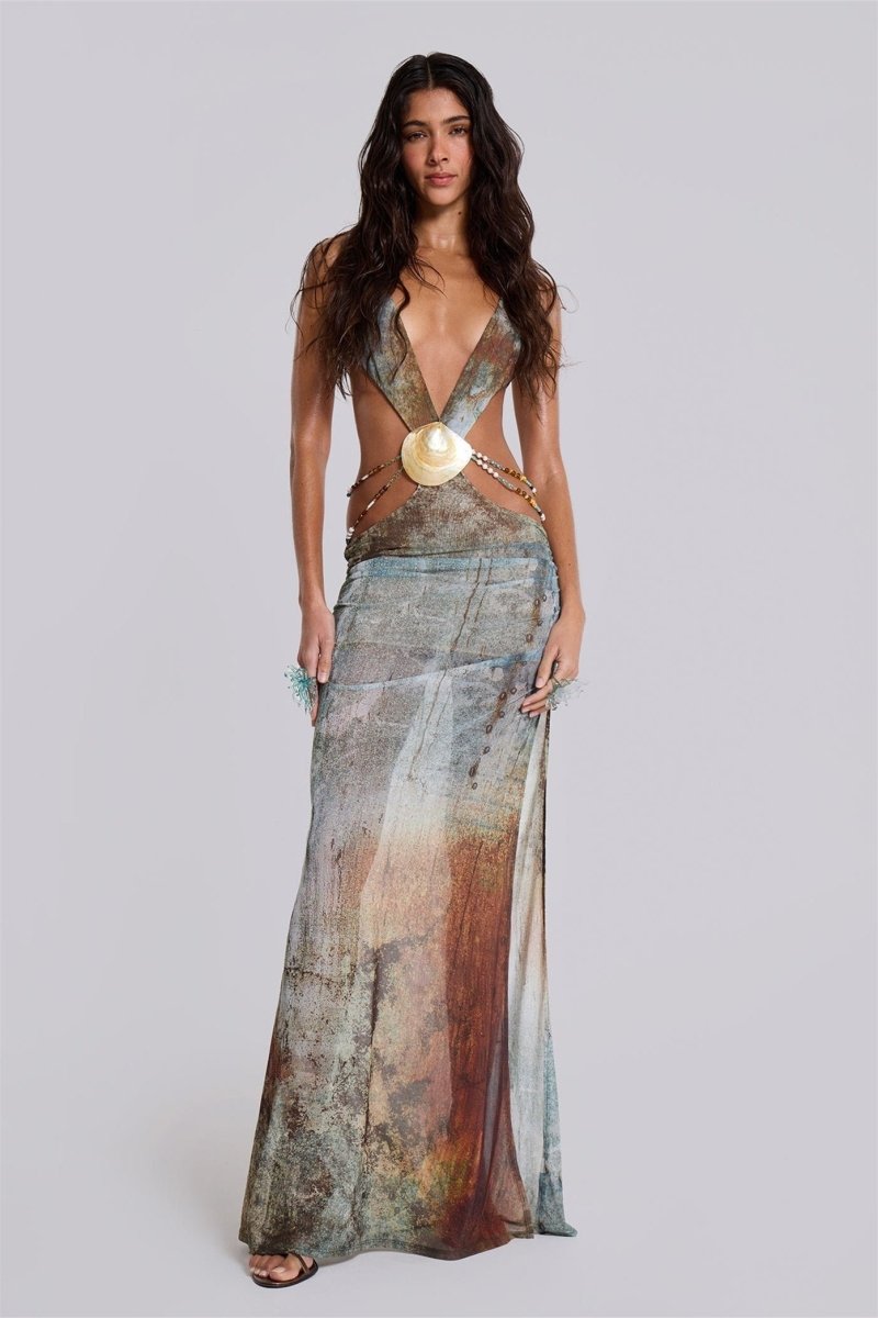 Eve Neckholder-Maxikleid aus Netzstoff mit Muschelbesatz