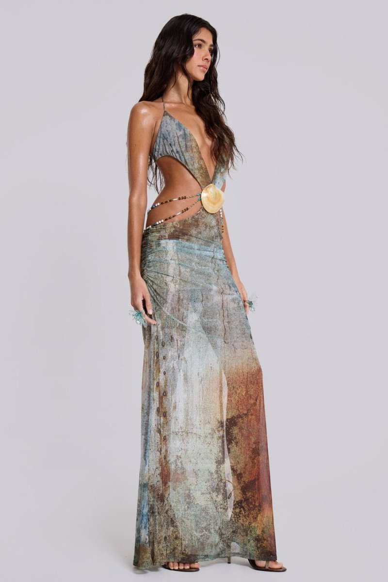 Eve Neckholder-Maxikleid aus Netzstoff mit Muschelbesatz