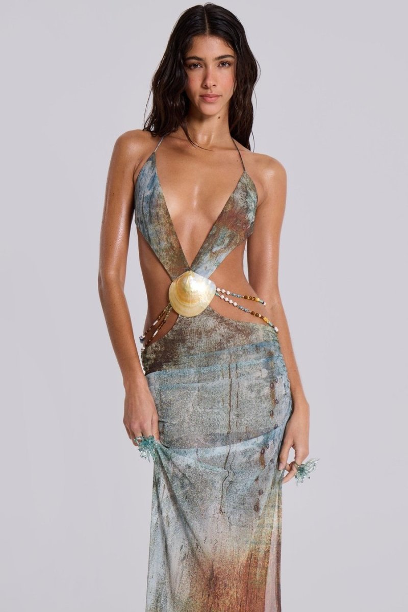 Eve Neckholder-Maxikleid aus Netzstoff mit Muschelbesatz