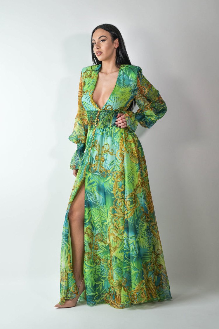 Eve – Maxikleid mit V-Ausschnitt und tropischem Muster