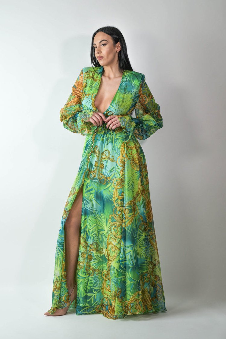 Eve – Maxikleid mit V-Ausschnitt und tropischem Muster