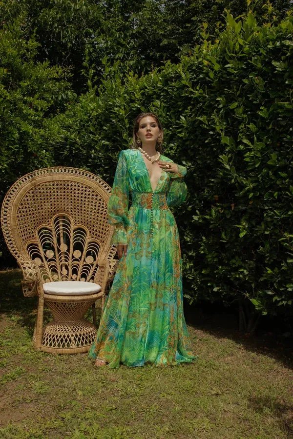 Eve – Maxikleid mit V-Ausschnitt und tropischem Muster