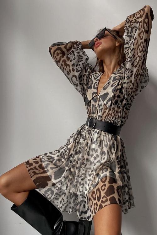 Gail Bedrucktes Chiffon-Minikleid mit V-Ausschnitt und Gürtel