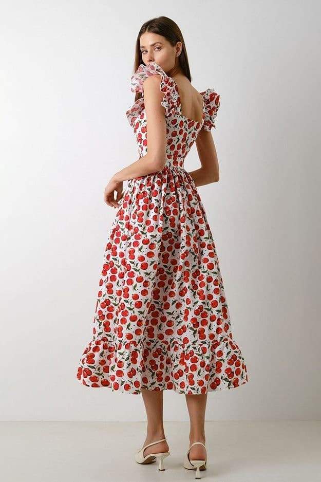 Griselda – Midikleid mit Rüschen und Kirschmuster