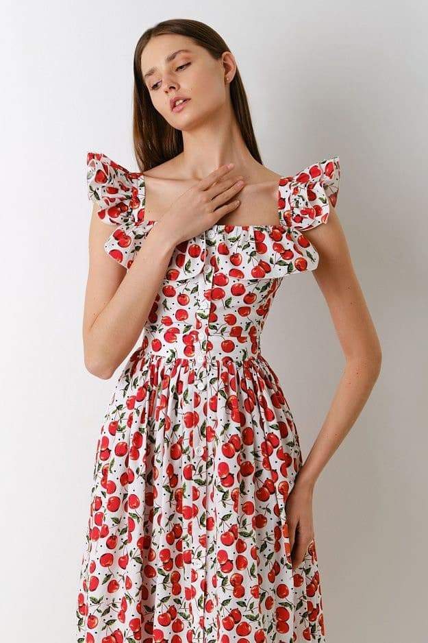 Griselda – Midikleid mit Rüschen und Kirschmuster