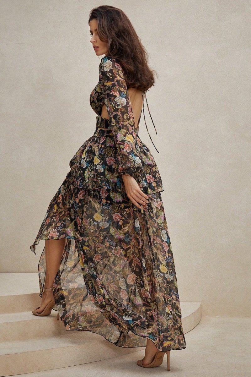 Griselda – Maxikleid aus Chiffon mit Blumenmuster und Ausschnitten