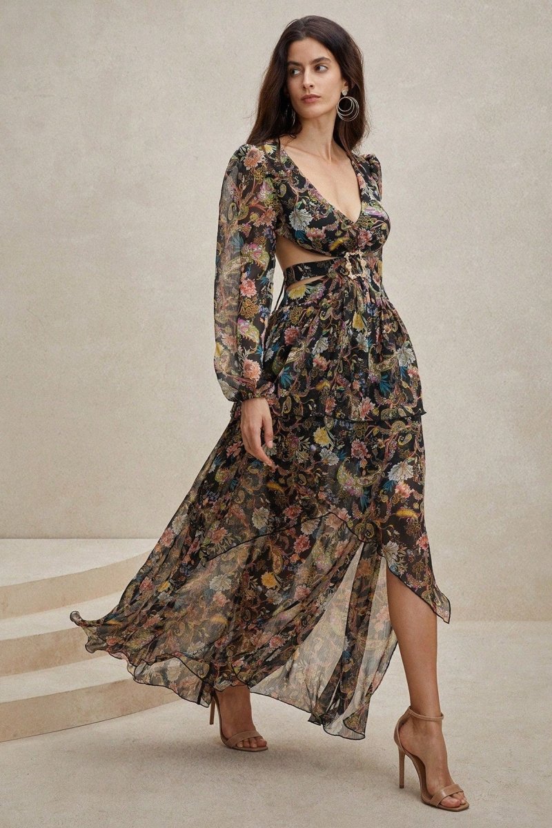Griselda – Maxikleid aus Chiffon mit Blumenmuster und Ausschnitten