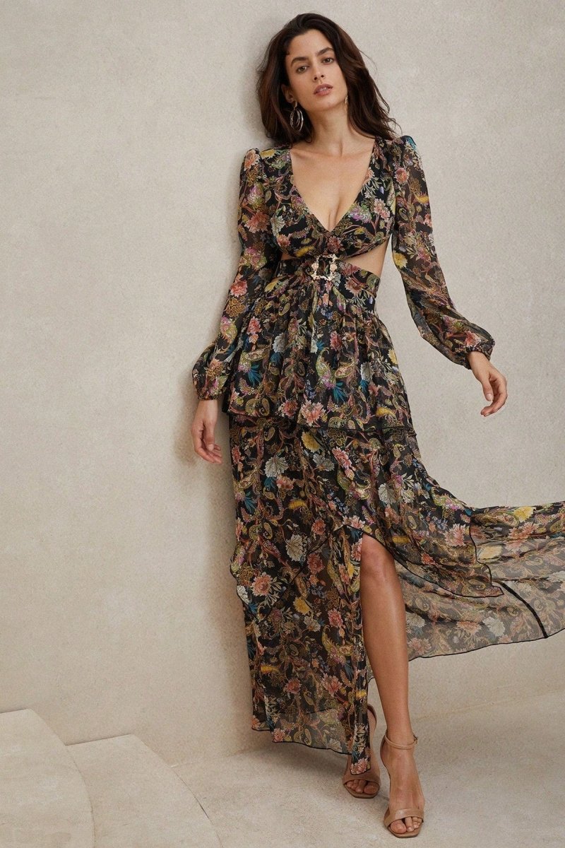 Griselda – Maxikleid aus Chiffon mit Blumenmuster und Ausschnitten
