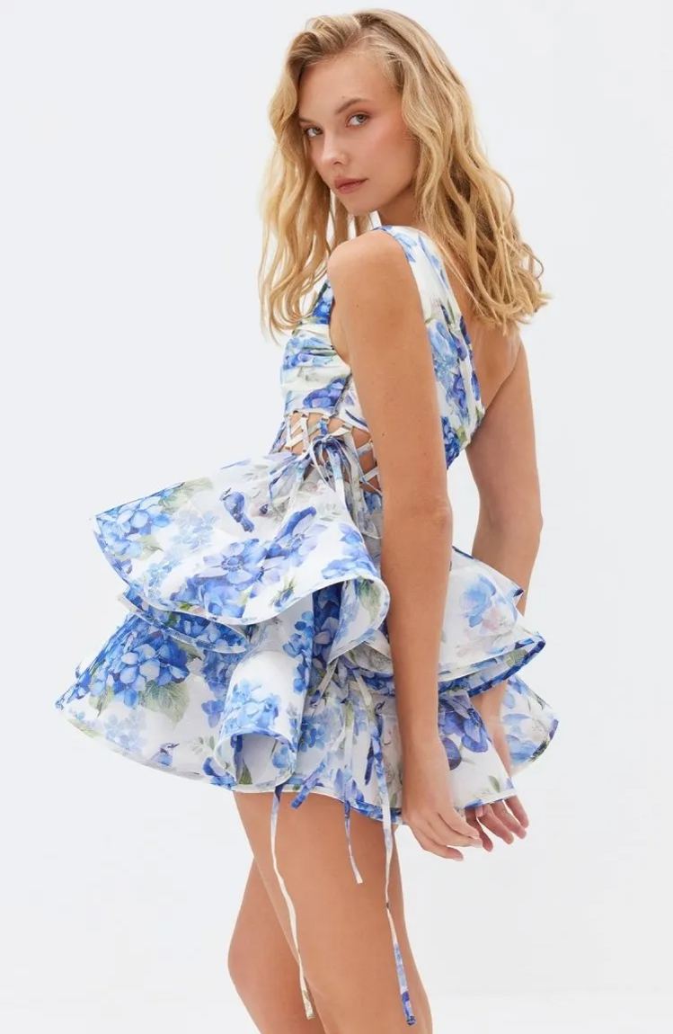 Andrea Blumenbedrucktes One-Shoulder-Minikleid aus Chiffon