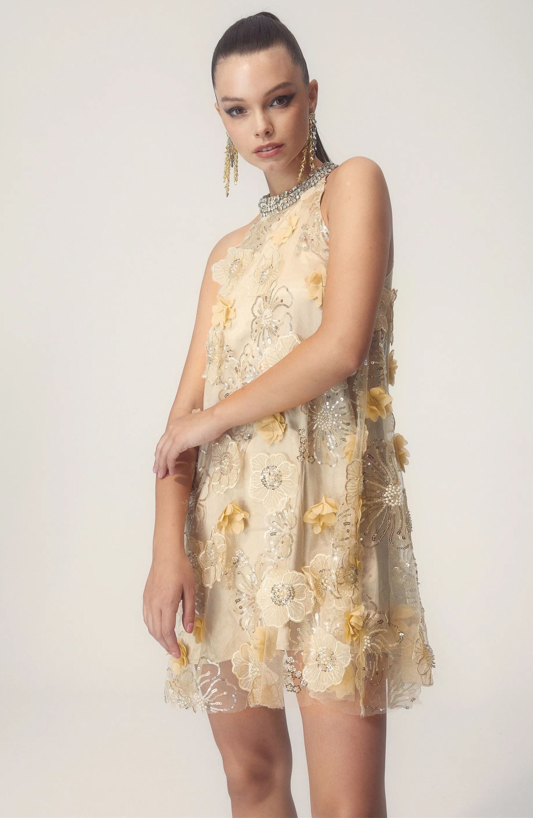 Ella Neckholder-Minikleid mit bestickten Pailletten und Blumen