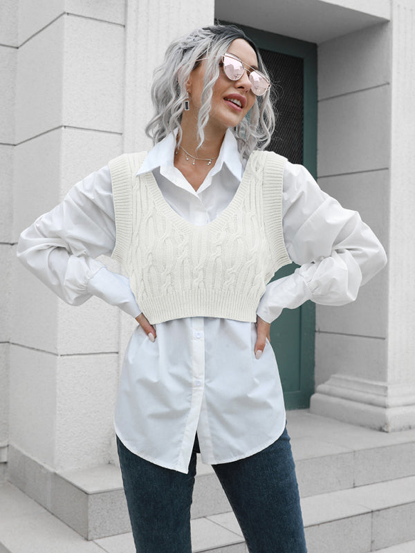 Damen-Pullover mit V-Ausschnitt und frittiertem Teig