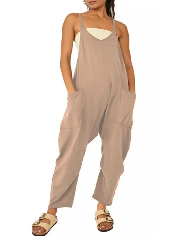 Lässiger, einfarbiger Jumpsuit mit V-Ausschnitt und Hosenträgertaschen für Damen
