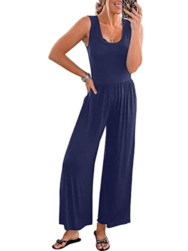 Einfarbiger, lockerer, ärmelloser Jumpsuit für Damen