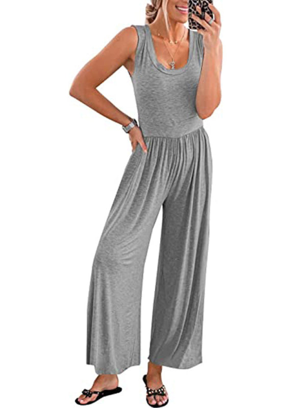Einfarbiger, lockerer, ärmelloser Jumpsuit für Damen