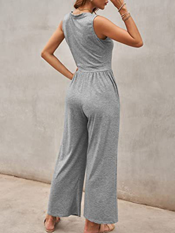 Einfarbiger, lockerer, ärmelloser Jumpsuit für Damen