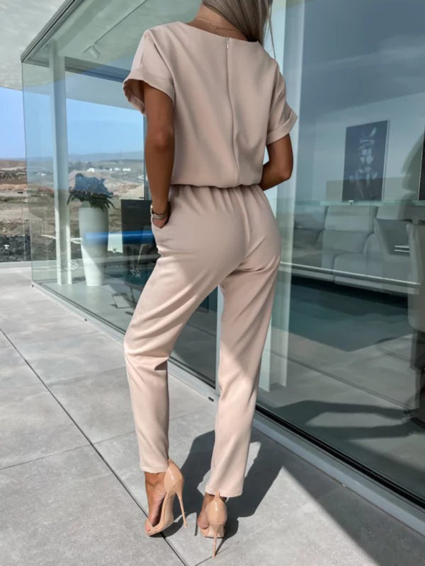 Kurzärmliger Jumpsuit mit V-Ausschnitt, Einstecktasche und elastischer Taille zum Binden in Bleistifthosen