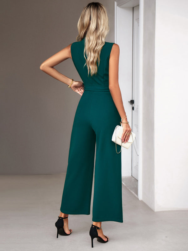 Neuer eleganter ärmelloser Pendler-Overall mit V-Ausschnitt und Krawatte für Damen