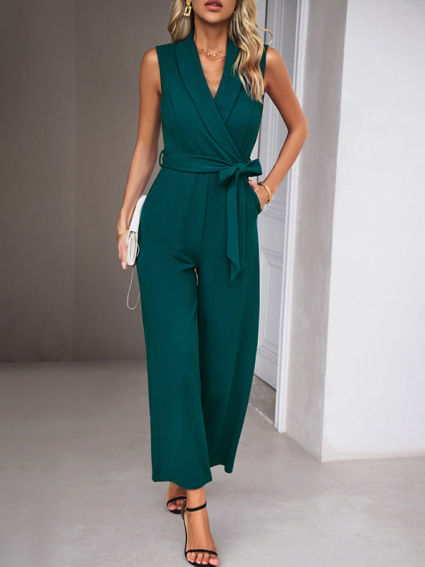 Neuer eleganter ärmelloser Pendler-Overall mit V-Ausschnitt und Krawatte für Damen