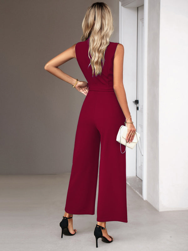 Neuer eleganter ärmelloser Pendler-Overall mit V-Ausschnitt und Krawatte für Damen