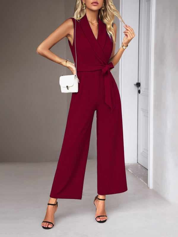 Neuer eleganter ärmelloser Pendler-Overall mit V-Ausschnitt und Krawatte für Damen