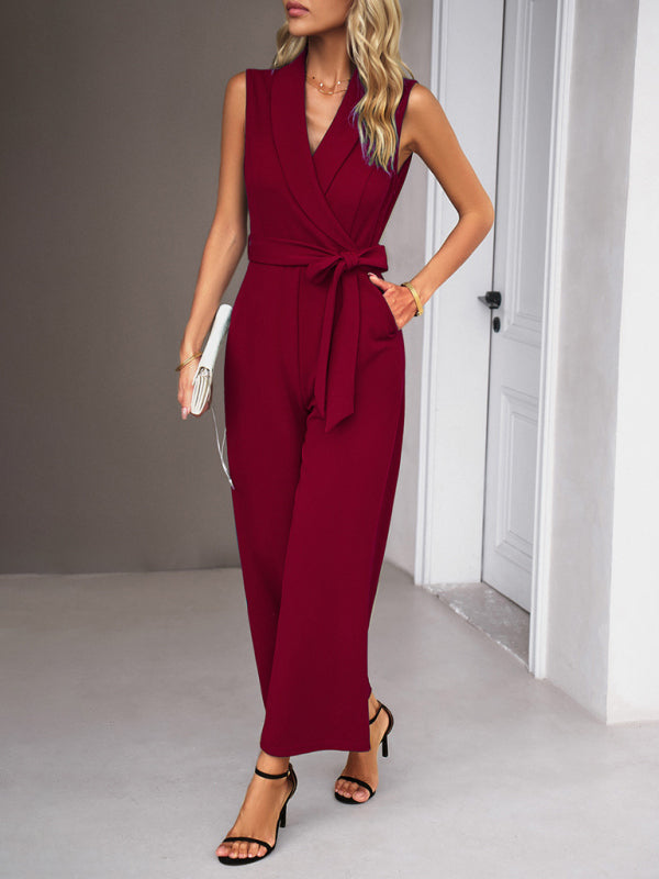 Neuer eleganter ärmelloser Pendler-Overall mit V-Ausschnitt und Krawatte für Damen