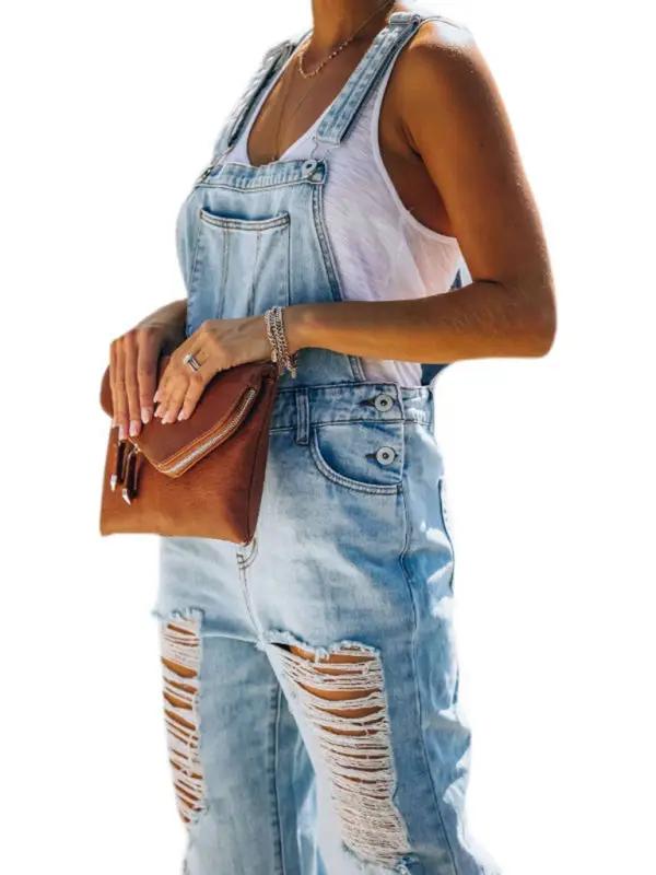 Salopette en jean déchirée et délavée pour femme en bleu 