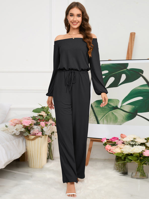 Einschultriger, langärmliger Jumpsuit mit schmaler Taille und weitem Bein