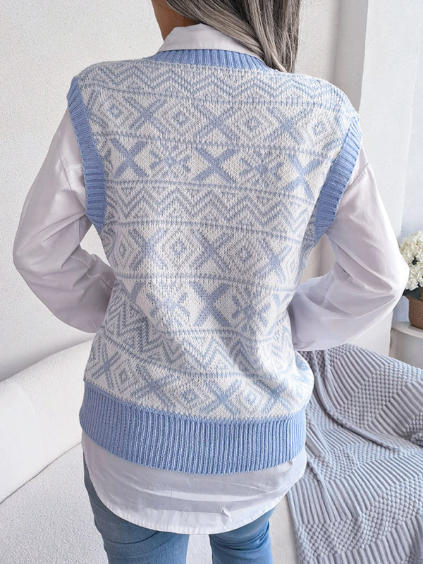 Neuer Strickwestenpullover mit Weihnachtsschneeflockenmuster und V-Ausschnitt für Damen