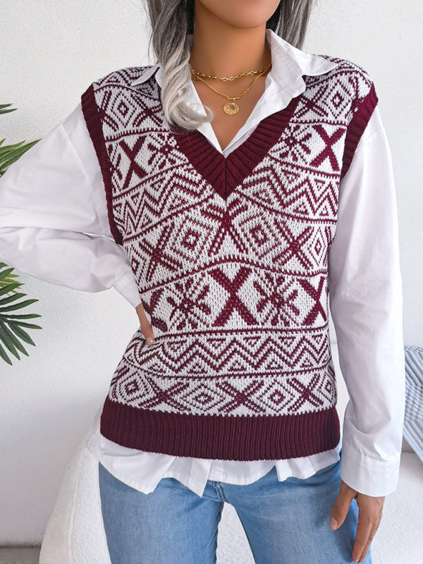 Neuer Strickwestenpullover mit Weihnachtsschneeflockenmuster und V-Ausschnitt für Damen