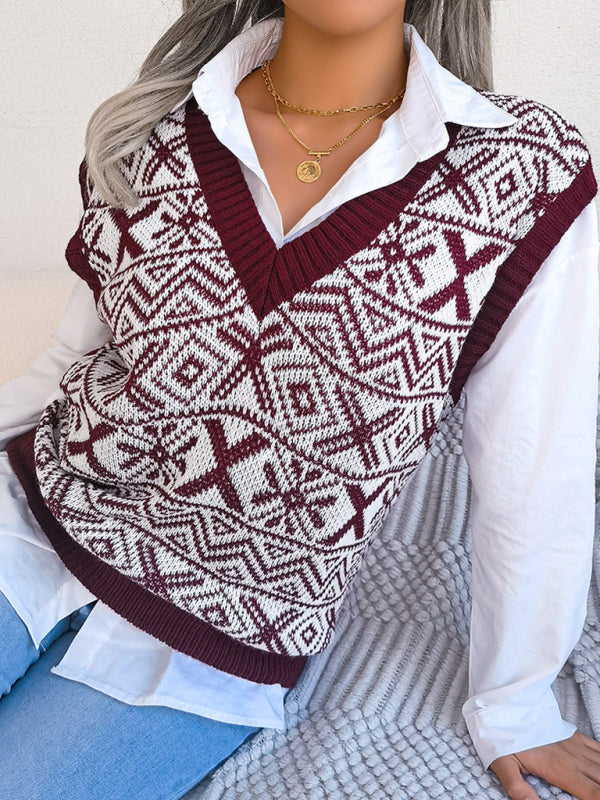 Neuer Strickwestenpullover mit Weihnachtsschneeflockenmuster und V-Ausschnitt für Damen