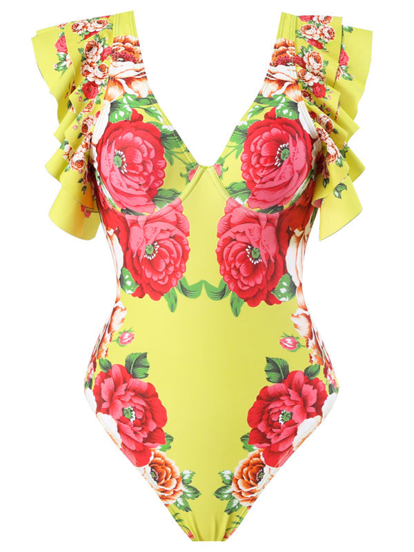 Neuer Modetrend: Sexy Badeanzug mit Blumenmuster, Rock (Einzelteil)