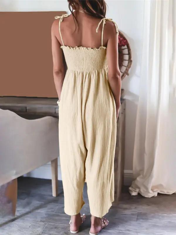 Combinaison taille haute froncée sans manches pour femme, couleur unie 