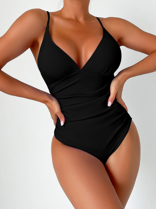 Nouveau maillot de bain sexy à col en V profond de couleur unie 