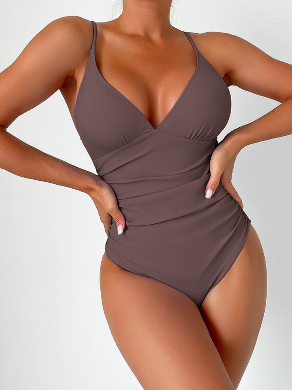 Nouveau maillot de bain sexy à col en V profond de couleur unie 